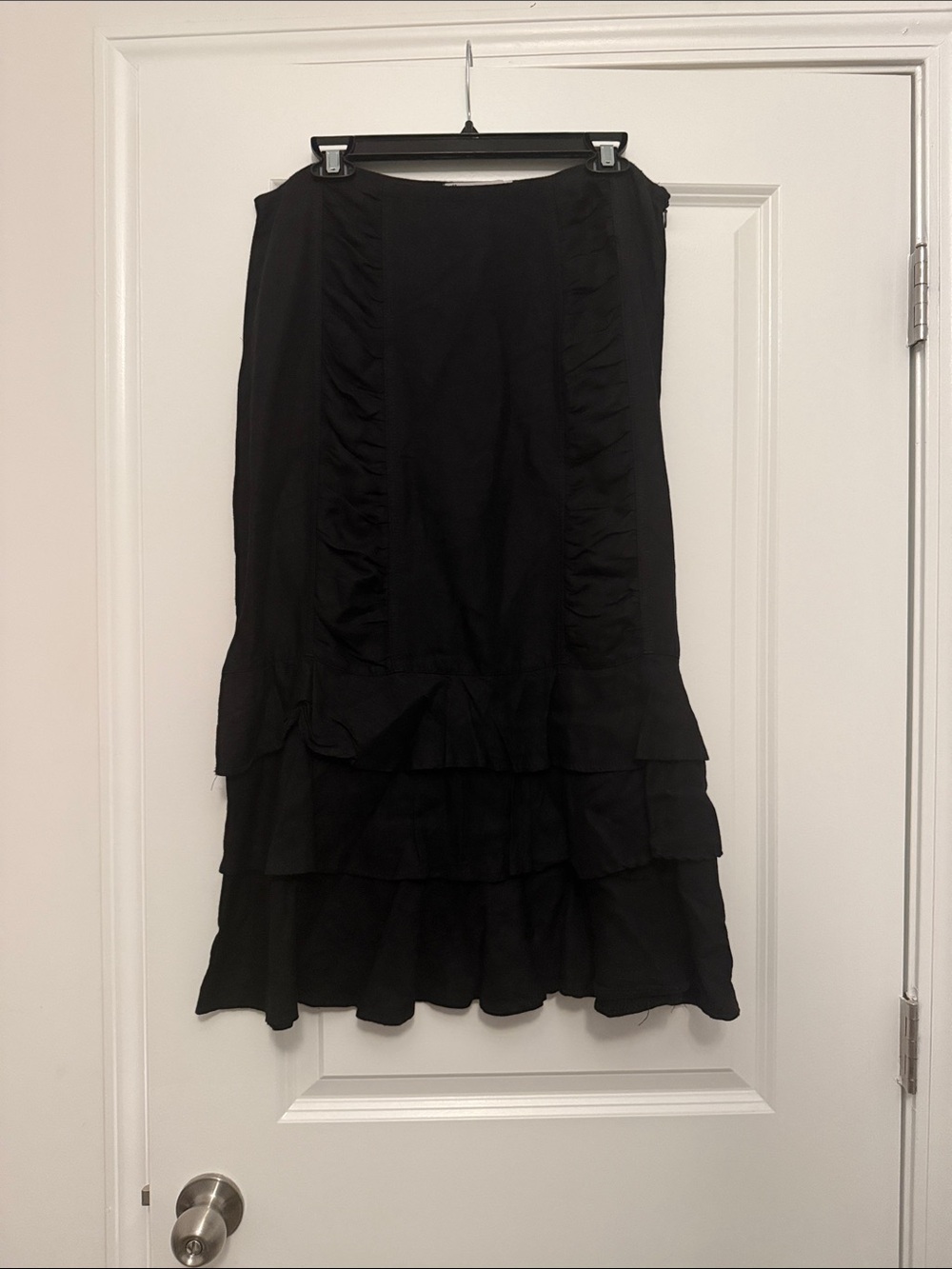 Women’s Black Tiered Midi Skirt with Ruffle Panels